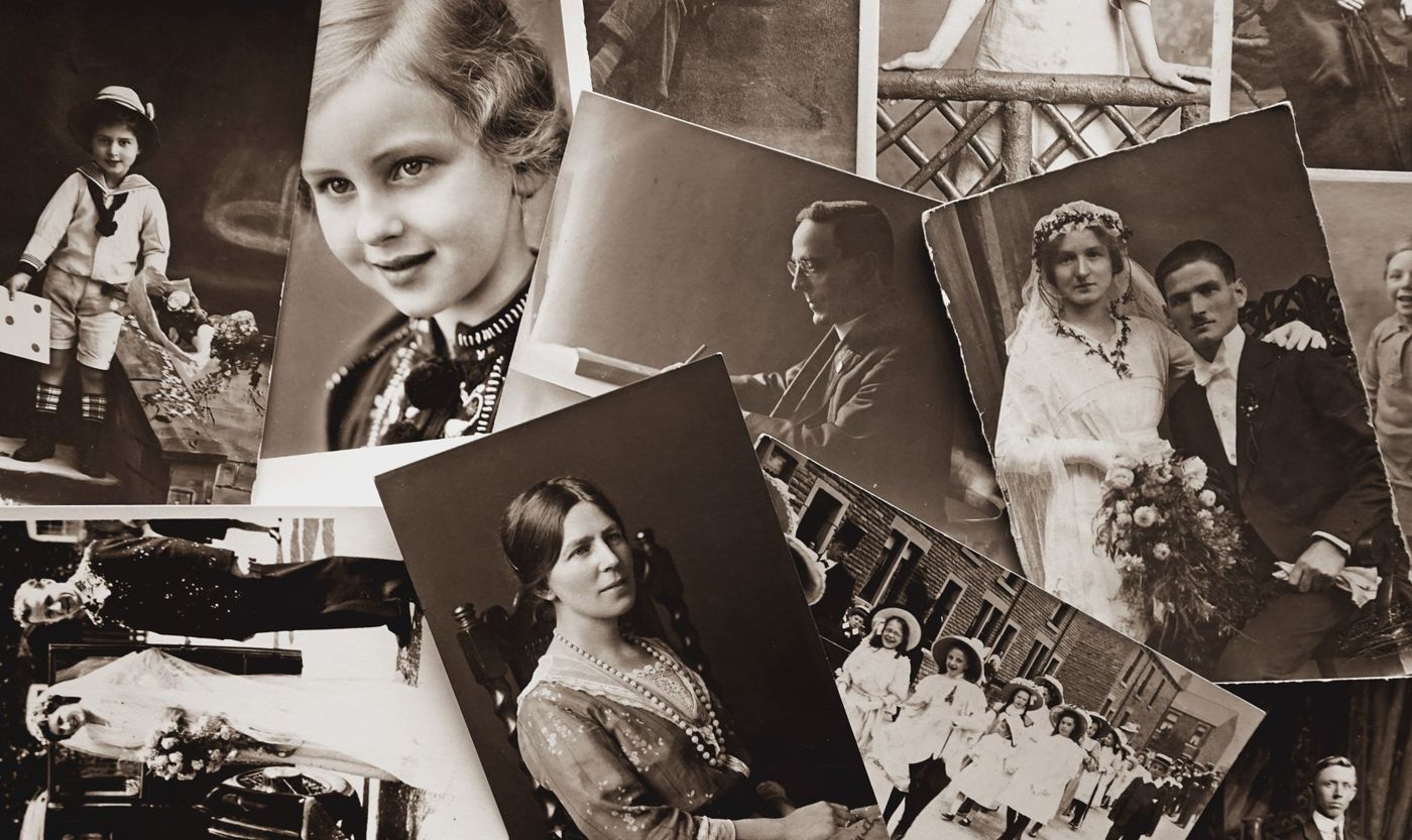 Oude zwart-witfoto's van kinderen, een gezin en een bruidspaar, door elkaar gelegd